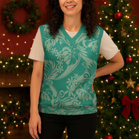 Tahiti Teal Tiare Floral Christmas Knitted V-Neck Vest Monstera Palm Tropical Leaves LT01 - Polynesian Pride
