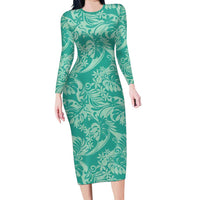 Tahiti Teal Tiare Floral Long Sleeve Bodycon Dress Monstera Palm Tropical Leaves LT01 Long Dress Teal - Polynesian Pride