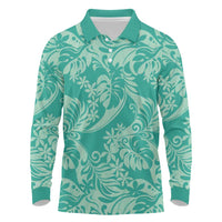 Tahiti Teal Tiare Floral Long Sleeve Polo Shirt Monstera Palm Tropical Leaves LT01 Teal - Polynesian Pride