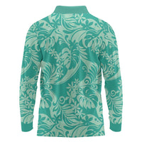 Tahiti Teal Tiare Floral Long Sleeve Polo Shirt Monstera Palm Tropical Leaves LT01 - Polynesian Pride