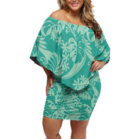 Tahiti Teal Tiare Floral Off Shoulder Short Dress Monstera Palm Tropical Leaves LT01 Women Teal - Polynesian Pride