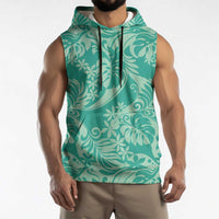 Tahiti Teal Tiare Floral Sleeveless Hoodie Monstera Palm Tropical Leaves LT01 - Polynesian Pride