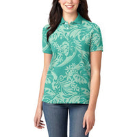 Tahiti Teal Tiare Floral Women Polo Shirt Monstera Palm Tropical Leaves LT01 - Polynesian Pride