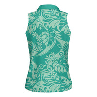 Tahiti Teal Tiare Floral Women Sleeveless Polo Shirt Monstera Palm Tropical Leaves LT01 - Polynesian Pride