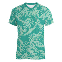 Tahiti Teal Tiare Floral Women V-Neck T-Shirt Monstera Palm Tropical Leaves LT01 Female Teal - Polynesian Pride
