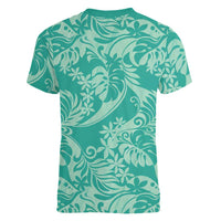 Tahiti Teal Tiare Floral Women V-Neck T-Shirt Monstera Palm Tropical Leaves LT01 - Polynesian Pride