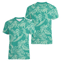 Tahiti Teal Tiare Floral Women V-Neck T-Shirt Monstera Palm Tropical Leaves LT01 - Polynesian Pride