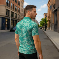 Tahiti Teal Tiare Floral Zipper Polo Shirt Monstera Palm Tropical Leaves LT01 - Polynesian Pride