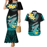 Hawaii Couples Matching Mermaid Dress and Hawaiian Shirt Polynesian Shark with Kakau Turquoise Version LT01 Turquoise - Polynesian Pride