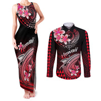 Hawaii Couples Matching Tank Maxi Dress and Long Sleeve Button Shirts Polynesian Shark with Kakau Red Version LT01 Red - Polynesian Pride