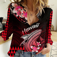 Hawaii Women Casual Shirt Polynesian Shark with Kakau Red Version LT01 Female Red - Polynesian Pride