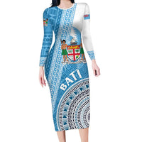 Custom Fiji Rugby Bati Family Matching Long Sleeve Bodycon Dress and Hawaiian Shirt Tapa Pattern LT01 Mom's Dress Blue - Polynesian Pride