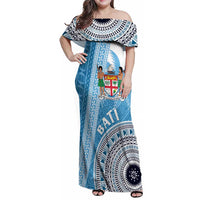 Custom Fiji Rugby Bati Family Matching Off Shoulder Maxi Dress and Hawaiian Shirt Tapa Pattern LT01 Mom's Dress Blue - Polynesian Pride