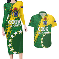 Custom Cook Islands Rugby Kukis Couples Matching Long Sleeve Bodycon Dress and Hawaiian Shirt Circle Stars LT01 Green - Polynesian Pride