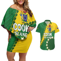 Custom Cook Islands Rugby Kukis Couples Matching Off Shoulder Short Dress and Hawaiian Shirt Circle Stars LT01 Green - Polynesian Pride