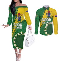 Custom Cook Islands Rugby Kukis Couples Matching Off The Shoulder Long Sleeve Dress and Long Sleeve Button Shirt Circle Stars LT01 Green - Polynesian Pride