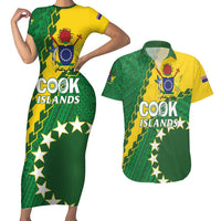 Custom Cook Islands Rugby Kukis Couples Matching Short Sleeve Bodycon Dress and Hawaiian Shirt Circle Stars LT01 Green - Polynesian Pride
