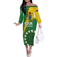 Custom Cook Islands Rugby Kukis Family Matching Off The Shoulder Long Sleeve Dress and Hawaiian Shirt Circle Stars LT01 Mom's Dress Green - Polynesian Pride
