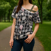 Hawaiian Ocean Seashells Cross Shoulder Shirt Black Palaka Pattern
