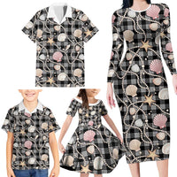 Hawaiian Ocean Seashells Family Matching Long Sleeve Bodycon Dress and Hawaiian Shirt Black Palaka Pattern LT01 - Polynesian Pride