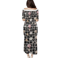 Hawaiian Ocean Seashells Family Matching Puletasi and Hawaiian Shirt Black Palaka Pattern