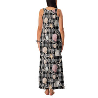 Hawaiian Ocean Seashells Family Matching Tank Maxi Dress and Hawaiian Shirt Black Palaka Pattern