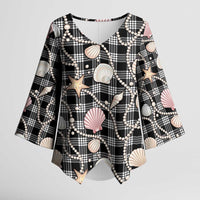 Hawaiian Ocean Seashells Kimono Sleeve Blouse Black Palaka Pattern