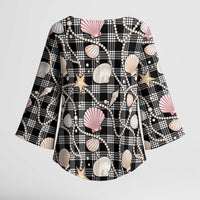 Hawaiian Ocean Seashells Kimono Sleeve Blouse Black Palaka Pattern