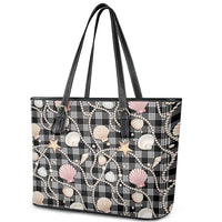 Hawaiian Ocean Seashells Leather Tote Bag Black Palaka Pattern