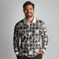 Hawaiian Ocean Seashells Long Sleeve Polo Shirt Black Palaka Pattern