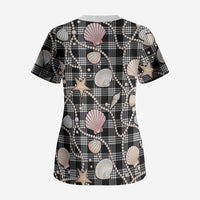 Hawaiian Ocean Seashells Scrub Top Black Palaka Pattern