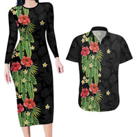 Hawaiian Hibiscus Plumeria Couples Matching Long Sleeve Bodycon Dress and Hawaiian Shirt Tropical Leaves LT01 Black - Polynesian Pride