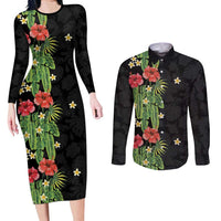 Hawaiian Hibiscus Plumeria Couples Matching Long Sleeve Bodycon Dress and Long Sleeve Button Shirt Tropical Leaves LT01 Black - Polynesian Pride