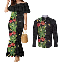 Hawaiian Hibiscus Plumeria Couples Matching Mermaid Dress and Long Sleeve Button Shirt Tropical Leaves LT01 Black - Polynesian Pride