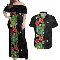 Hawaiian Hibiscus Plumeria Couples Matching Off Shoulder Maxi Dress and Hawaiian Shirt Tropical Leaves LT01 Black - Polynesian Pride