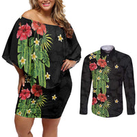 Hawaiian Hibiscus Plumeria Couples Matching Off Shoulder Short Dress and Long Sleeve Button Shirt Tropical Leaves LT01 Black - Polynesian Pride
