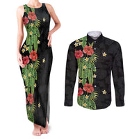 Hawaiian Hibiscus Plumeria Couples Matching Tank Maxi Dress and Long Sleeve Button Shirt Tropical Leaves LT01 Black - Polynesian Pride