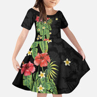 Hawaiian Hibiscus Plumeria Family Matching Off Shoulder Short Dress and Hawaiian Shirt Tropical Leaves LT01 Daughter's Dress Black - Polynesian Pride