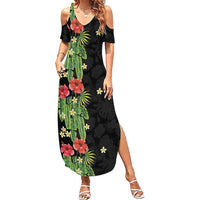 Hawaiian Hibiscus Plumeria Family Matching Summer Maxi Dress and Hawaiian Shirt Tropical Leaves LT01 Mom's Dress Black - Polynesian Pride