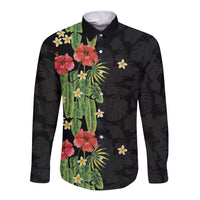 Hawaiian Hibiscus Plumeria Long Sleeve Button Shirt Tropical Leaves