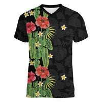 Hawaiian Hibiscus Plumeria Women V-Neck T-Shirt Tropical Leaves LT01 Female Black - Polynesian Pride