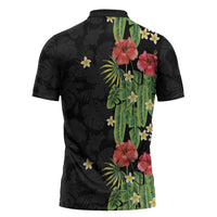 Hawaiian Hibiscus Plumeria Zipper Polo Shirt Tropical Leaves