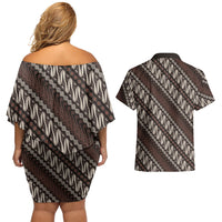 Yogyakarta Parang Batik Motifs Couples Matching Off Shoulder Short Dress and Hawaiian Shirt Indonesian Traditional Pattern LT01 - Polynesian Pride