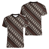 Yogyakarta Parang Batik Motifs Women V-Neck T-Shirt Indonesian Traditional Pattern