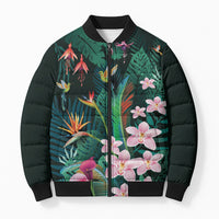 Hawaii Hummingbird Tropical Flowers Bomber Puffer Jacket Dark Green LT01 Unisex Green - Polynesian Pride