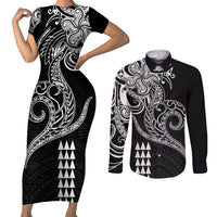 Hawaii Valentine Couples Matching Short Sleeve Bodycon Dress and Long Sleeve Button Shirt Kakau Polynesian Heart LT01 Black - Polynesian Pride