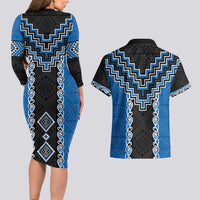 Blue Niho Taniwha Mix Poutama Couples Matching Long Sleeve Bodycon Dress and Hawaiian Shirt Unique Taniko Aotearoa LT01 - Polynesian Pride