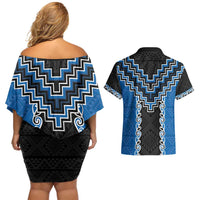 Blue Niho Taniwha Mix Poutama Couples Matching Off Shoulder Short Dress and Hawaiian Shirt Unique Taniko Aotearoa LT01 - Polynesian Pride