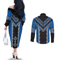 Blue Niho Taniwha Mix Poutama Couples Matching Off The Shoulder Long Sleeve Dress and Long Sleeve Button Shirt Unique Taniko Aotearoa LT01 - Polynesian Pride