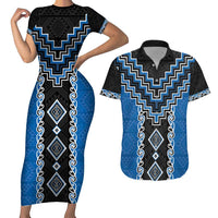 Blue Niho Taniwha Mix Poutama Couples Matching Short Sleeve Bodycon Dress and Hawaiian Shirt Unique Taniko Aotearoa LT01 Blue - Polynesian Pride